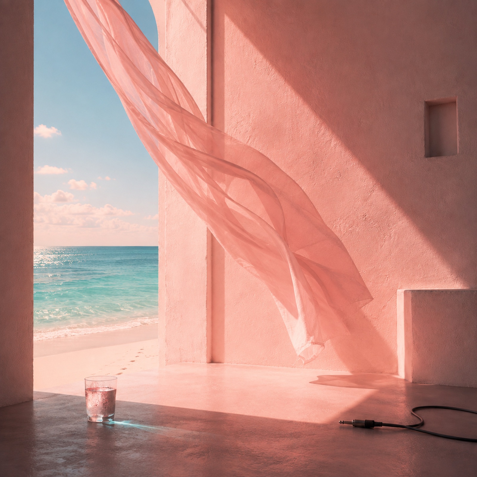 SUN OUT OF TOWN cover art: a rosé pink mineral interior opening onto an Aruba blue sea, windblown fabric in the doorway
